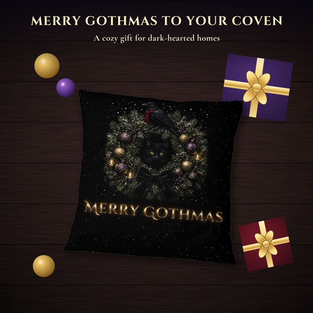 Merry Gothmas Pillow Cover, Gothic Christmas Wreath Black Cat and Raven Velvet Throw Pillow Case, Dark Holiday Decor, Goth Gift
