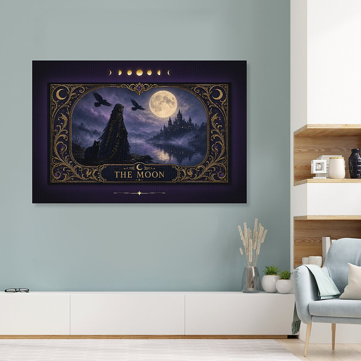 The Moon Tarot Card Canvas Wall Art, Gothic Witch and Black Cat Moonlit Castle Print, Witchy Tarot Decor, Dark Fantasy Gift