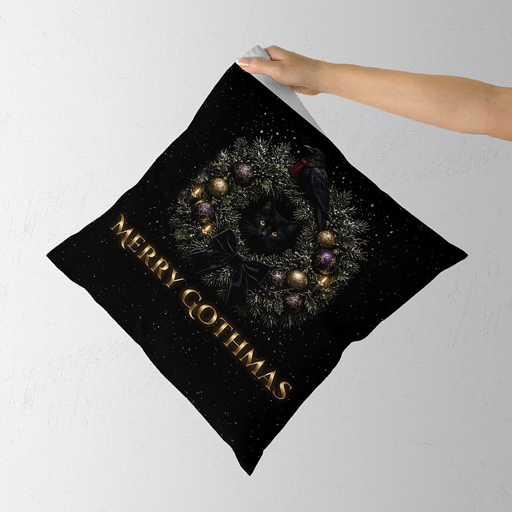 Merry Gothmas Pillow Cover, Gothic Christmas Wreath Black Cat and Raven Velvet Throw Pillow Case, Dark Holiday Decor, Goth Gift