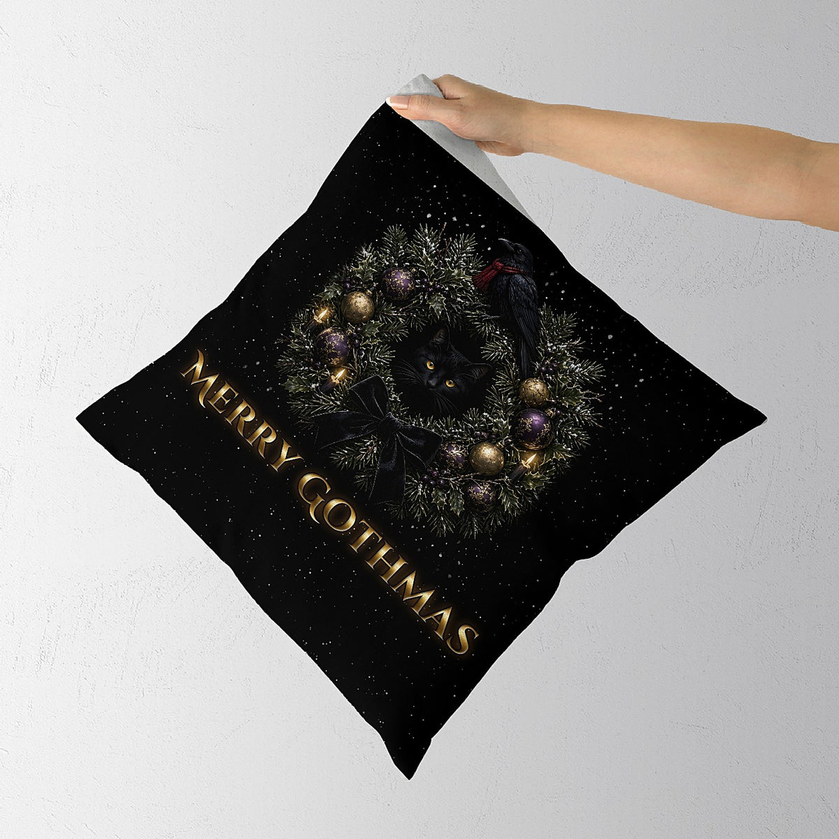 Merry Gothmas Pillow Cover, Gothic Christmas Wreath Black Cat and Raven Velvet Throw Pillow Case, Dark Holiday Decor, Goth Gift