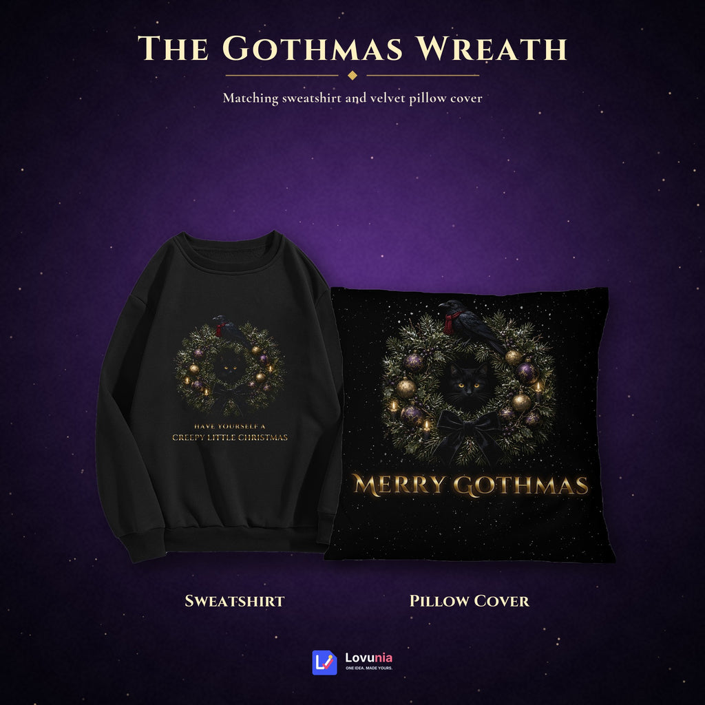 Creepy Little Christmas Sweatshirt, Gothic Wreath Black Cat and Raven Crewneck, Gothmas Holiday Sweater, Creepmas Goth Gift