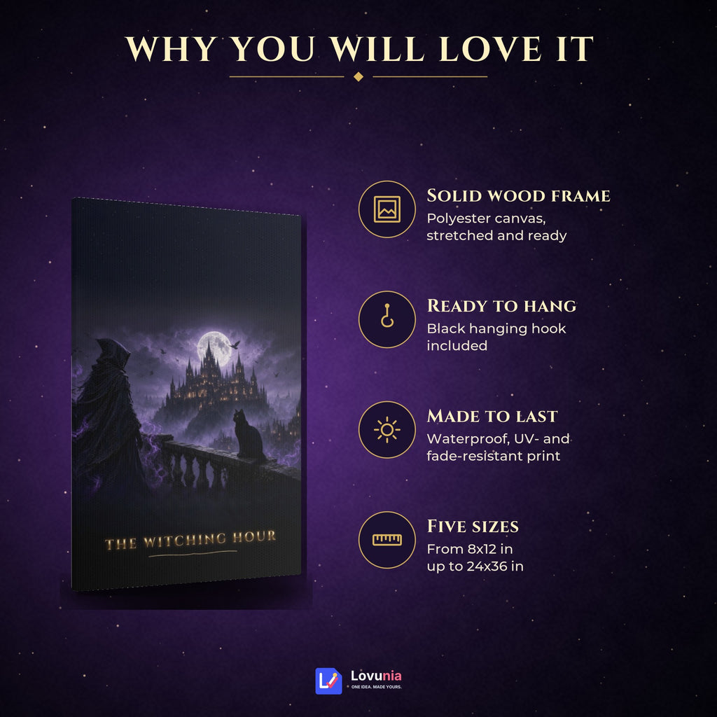 The Witching Hour Canvas Wall Art, Gothic Witch and Black Cat Moonlit Castle Print, Dark Fantasy Halloween Home Decor, Ready to Hang