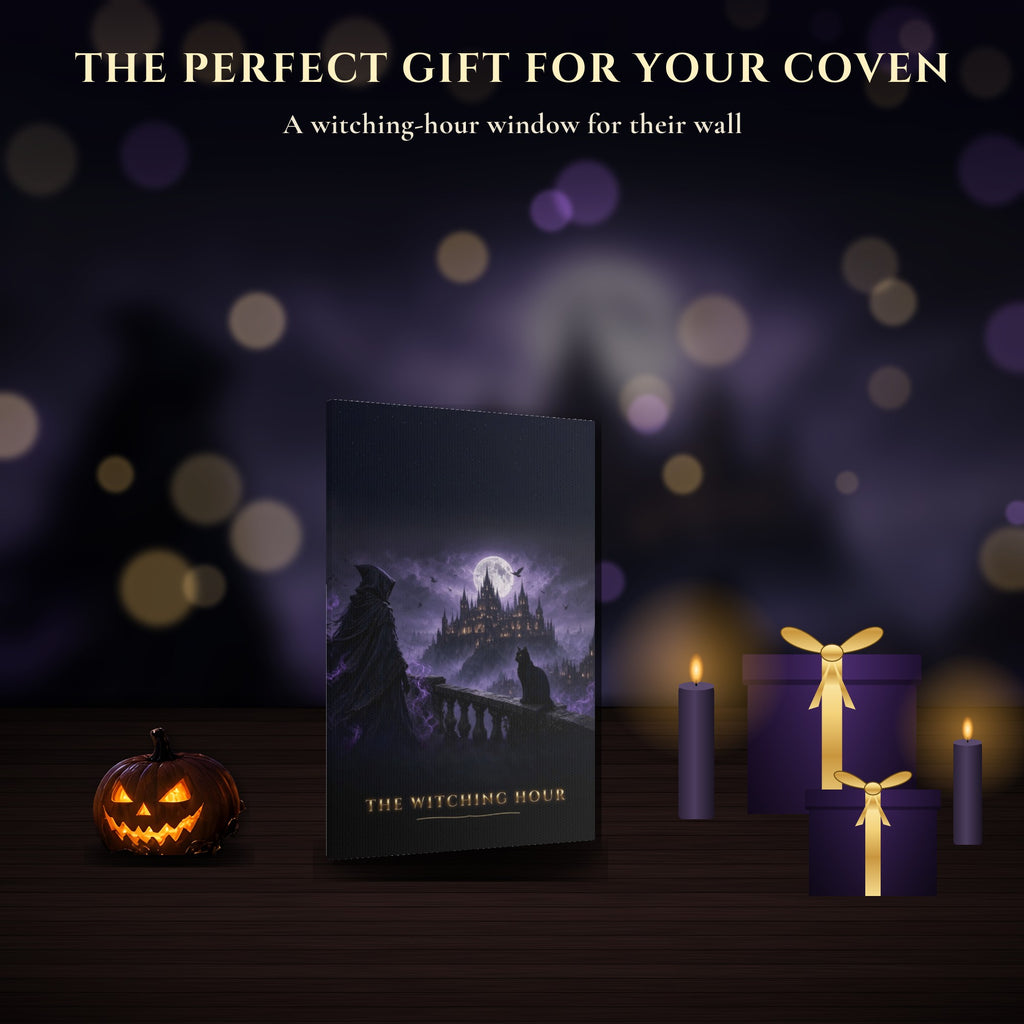 The Witching Hour Canvas Wall Art, Gothic Witch and Black Cat Moonlit Castle Print, Dark Fantasy Halloween Home Decor, Ready to Hang
